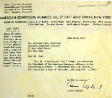1941 Letter to ACA from Copland Aaron Copland accepts nomination as President of ACA