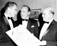 (from left)Vice-President Richard Nixon, comedian Jack Benny, and ACA President, Ben Weber ACA's Ben Weber presents the Laurel Leaf Award to Jack Benny, 1959